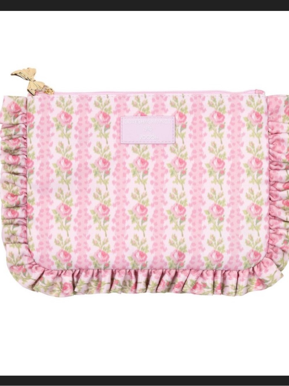 LoveShackFancy Pink Floral Ruffle Pouch with Gold Zip Pull
